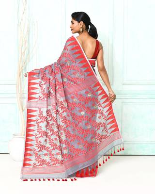 gray red cotton silk blend jamdani saree 4