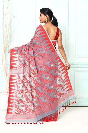 gray red cotton silk blend jamdani saree