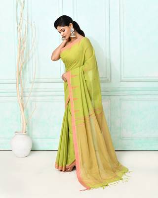 olive cotton handloom jamdani saree with blouse 3