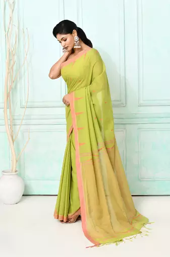 olive cotton handloom jamdani saree with blouse