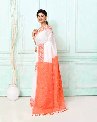 white orange cotton silk blend jamdani saree 3