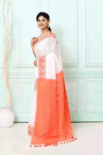 white orange cotton silk blend jamdani saree