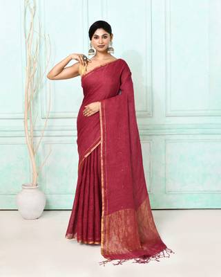 maroon handloom linen sequin saree with blouse 1