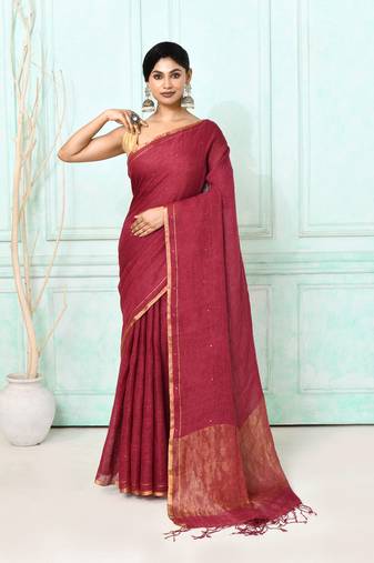 maroon handloom linen sequin saree with blouse