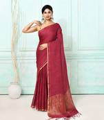 maroon handloom linen sequin saree with blouse