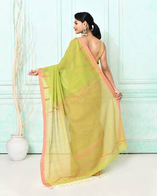 olive cotton handloom jamdani saree with blouse 4