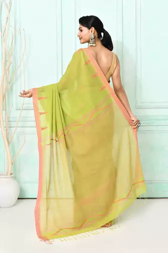 olive cotton handloom jamdani saree with blouse