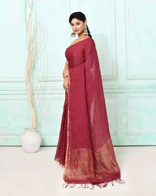 maroon handloom linen sequin saree with blouse 2