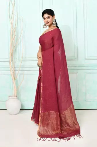 maroon handloom linen sequin saree with blouse