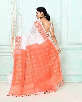 white orange cotton silk blend jamdani saree 4