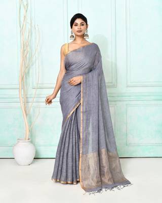 dim gray handloom linen sequin saree with blouse 1