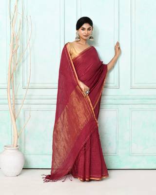 maroon handloom linen sequin saree with blouse 3