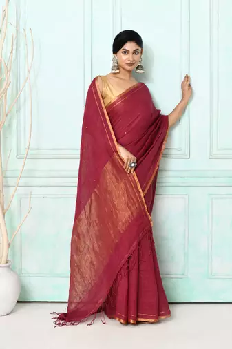 maroon handloom linen sequin saree with blouse