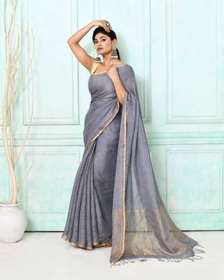 dim gray handloom linen sequin saree with blouse 2