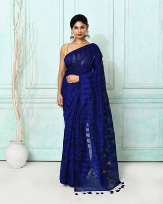 blue cotton silk blend jamdani saree 1