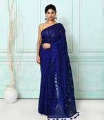 blue cotton silk blend jamdani saree