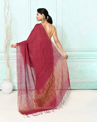 maroon handloom linen sequin saree with blouse 4
