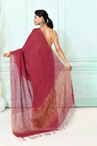 maroon handloom linen sequin saree with blouse