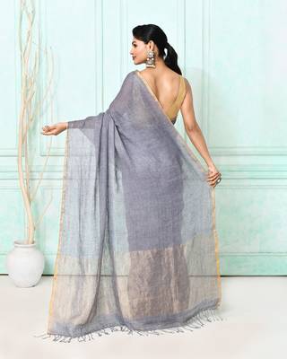 dim gray handloom linen sequin saree with blouse 3