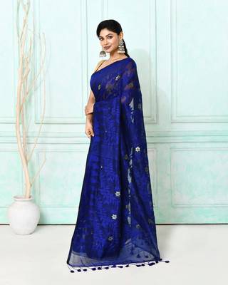 blue cotton silk blend jamdani saree 2