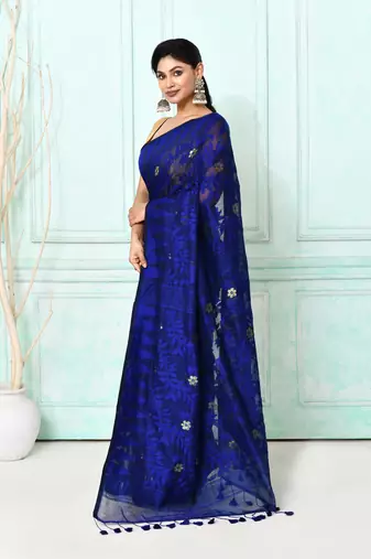 blue cotton silk blend jamdani saree