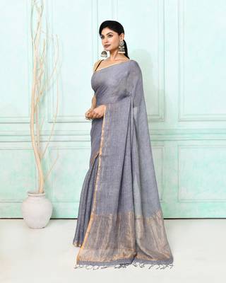 dim gray handloom linen sequin saree with blouse 4