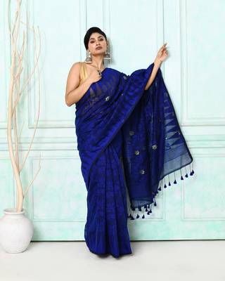 blue cotton silk blend jamdani saree 3