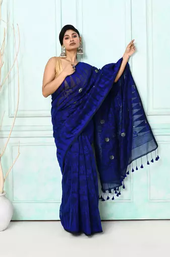 blue cotton silk blend jamdani saree