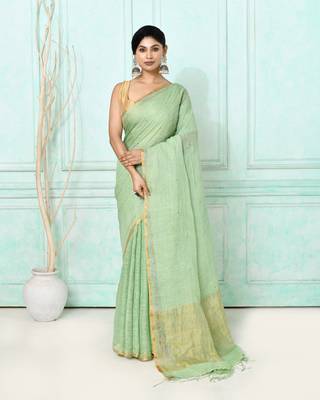 sea green handloom linen sequin saree with blouse 1