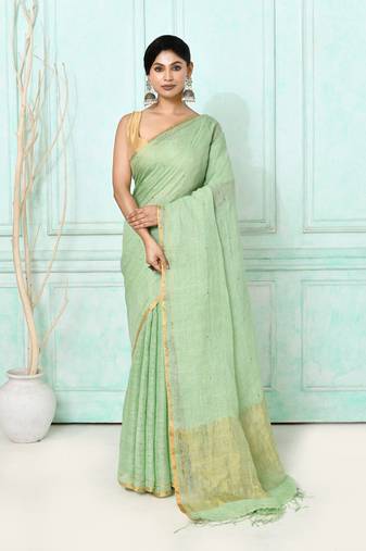 sea green handloom linen sequin saree with blouse