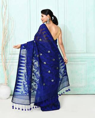 blue cotton silk blend jamdani saree 4