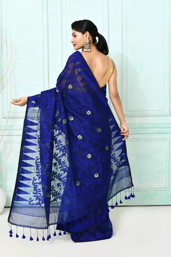 blue cotton silk blend jamdani saree