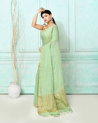 sea green handloom linen sequin saree with blouse 2