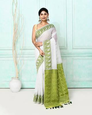 white cotton silk blend jamdani saree 1