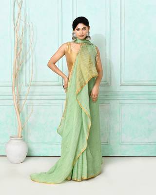 sea green handloom linen sequin saree with blouse 3
