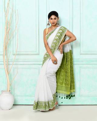 white cotton silk blend jamdani saree 2