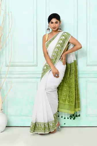 white cotton silk blend jamdani saree