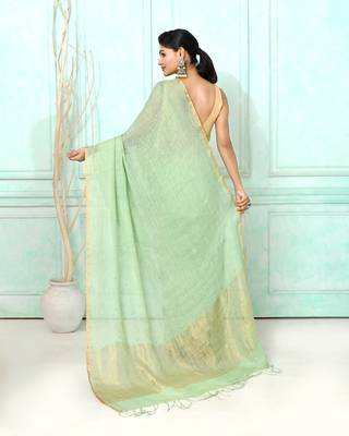 sea green handloom linen sequin saree with blouse 4