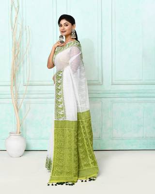 white cotton silk blend jamdani saree 3