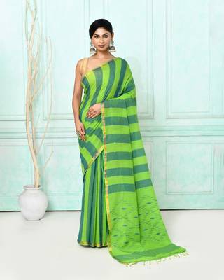 green cotton handloom jamdani saree with blouse 1