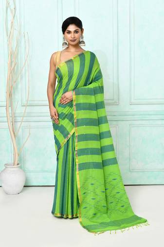 green cotton handloom jamdani saree with blouse