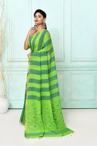 green cotton handloom jamdani saree with blouse