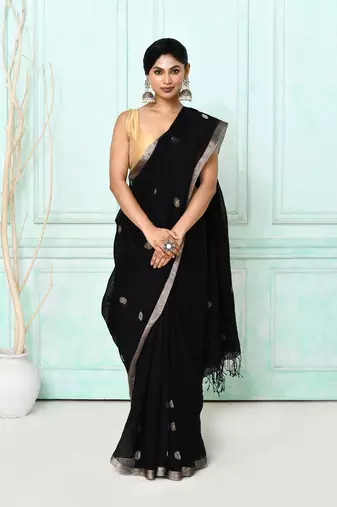 black handloom linen jamdani saree with blouse