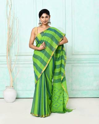 green cotton handloom jamdani saree with blouse 3