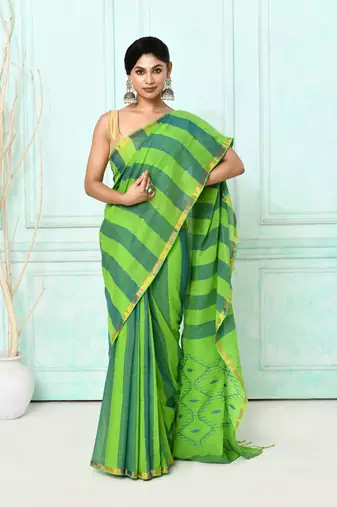 green cotton handloom jamdani saree with blouse