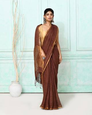 brown handloom linen sequin saree with blouse 1