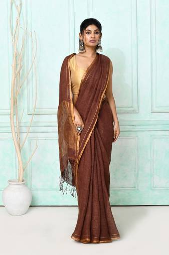 brown handloom linen sequin saree with blouse