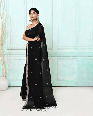 black handloom linen jamdani saree with blouse 3