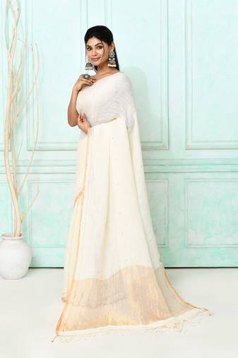 white handloom linen sequin saree with blouse