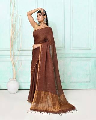 brown handloom linen sequin saree with blouse 2
